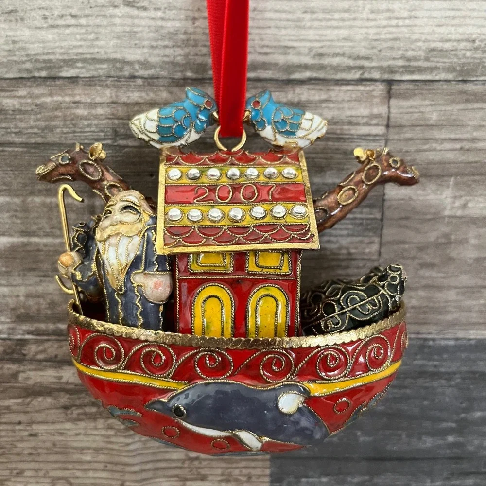 Cloisonne Noahs Ark Ornament 2007 Enamel Filigree Animals Rhinestone Religious